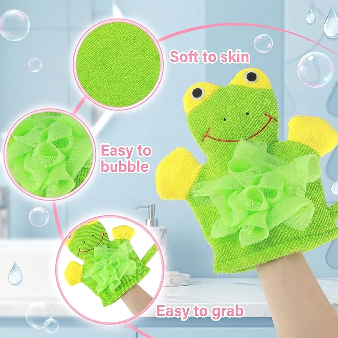 Cute Bath Gloves Loofah - 2 PCS Kids Animal Bath Gloves Body Scrubber, Double-Side Exfoliating Shower Sponges, Washcloths Mitts for Gentle Soft and Easy to Lather (Bear Frog)