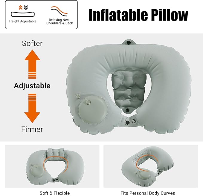 MABOZOO Inflatable Bath Neck Pillows for Tub & Shower - Head & Neck Support, Grey U-Shaped Travel Pillow for Airplane
