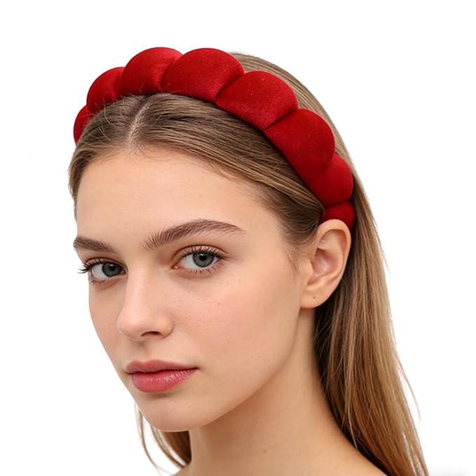 Headbands for Women Girls, Fashion Wide Headband Yoga Workout Head Bands Hair Accessories, Padded Fabric Hair Bands Red Velvet Headband, Red