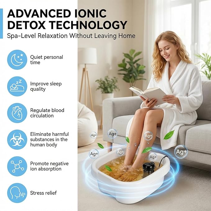 Ionic Foot Bath Detox Machine for Home Use, Ion Soak Foot Spa with Basin, Controller & 2 Ion Arrays, Includes 3 Bath Salts & 90 Disposable Liners, Spa-Quality Foot Detox Set