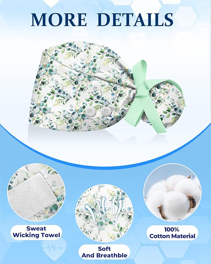 Plifal 100% Cotton Scrub Cap with Buttons-Nurse Cap with Sweatband for Women, Adjustable Working Hat,Satin Lined or Unlined