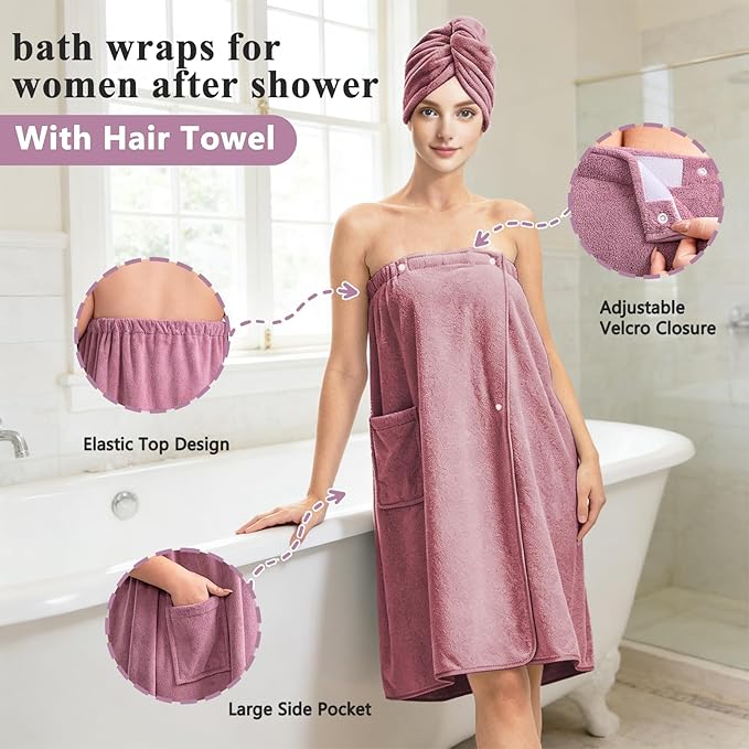 Women’s Adjustable Spa Wrap Towel Set, Microfiber Body Wrap Bathrobe with Matching Hair Towel, Super Absorbent & Quick Dry Shower Wrap for Home, Gym, Pool – Purple(Purple)
