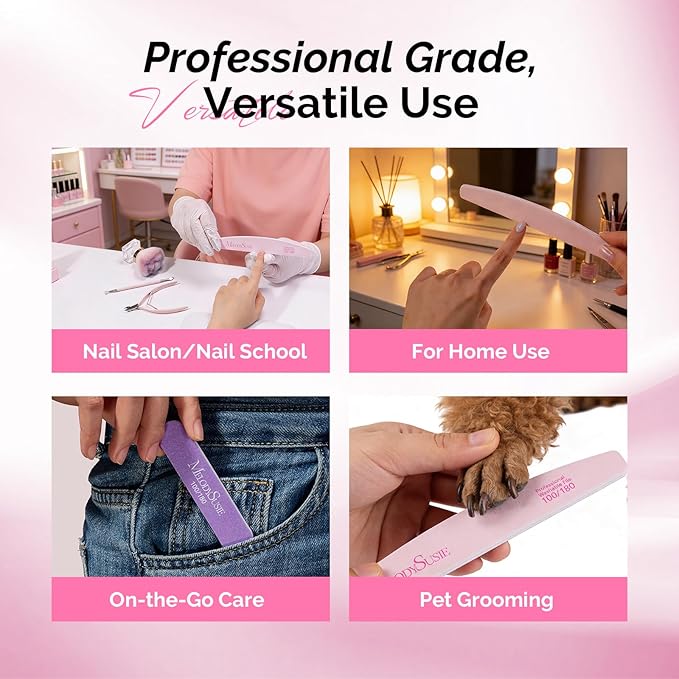 MelodySusie Nail File Kit, 7Pcs Double Sided 100/180 Grit Mixed-Shape Emery Boards for Nails, Professional Manicure Pedicure Supplies for Home and Salon Use, Mothers Day Gifts, Pink & Purple