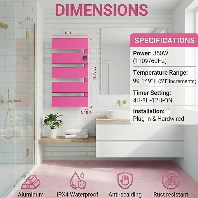 Electric Towel Warmer, Heated Towel Rack with Thermo Control and Timer, Fast Heating Towel Rail for Bathroom with Memroy Function, Work with Smart Plug, Right-Wiring, 5 Panel, Pink