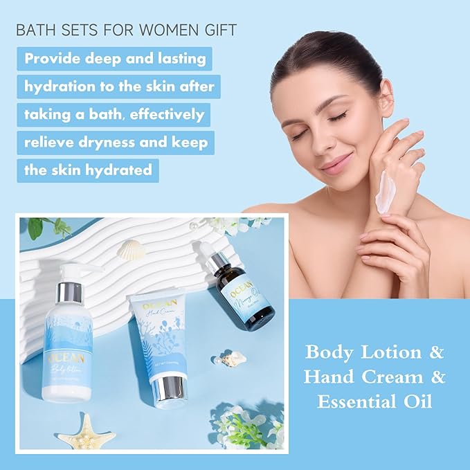 Mothers Day Gifts for Mom, Birthday Gifts for Women, Relaxing Spa Gift Baskets for Women, Ocean Scented Self Care Gift, Bath and Body Inspirational Set for Her Wife Friends Sister Girlfriend Coworker