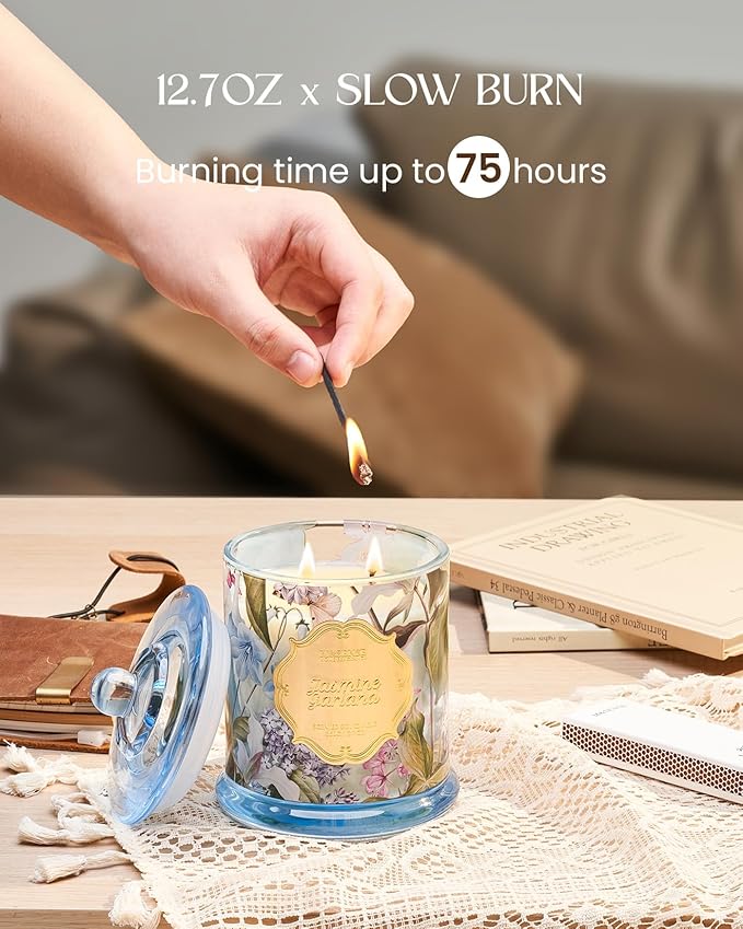 M&SENSE Jasmine Garland Spring Natural Soy Candle, 12.7oz 75H Slow Burning Floral Scented Candle, Home Aromatherapy, Perfect Present for Mom Her