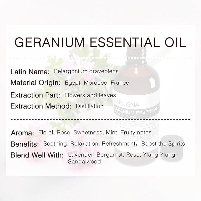 Geranium Essential Oil 100ML, 100% Pure Geranium Oils Aromatherapy Oil for Diffuser, Skin Care, Massage, Yoga, Home Fragrance, Soap and Candle Makings