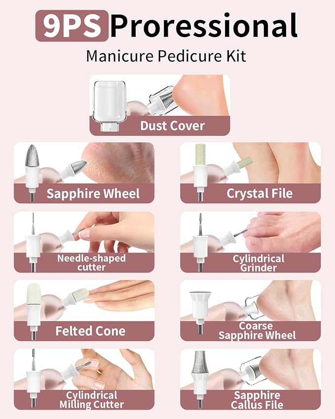 Professional Manicure Pedicure Kit, Cordless Electric Nail File Set, Rechargeable Pedicure Tools for feet, 5 Speeds Hand Foot Care Nail Drill for Thick Nail Toenail Cuticle Women Men Baby Pets-Rose