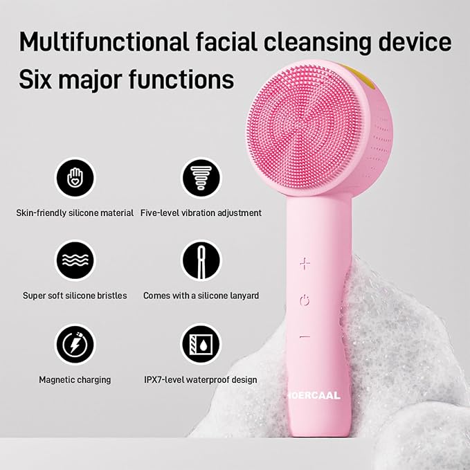 Facial Cleansing Brush Electric – Rechargeable Silicone Face Scrubber, Waterproof Vibrating Cleaner with 5 Adjustable Intensities for Deep Cleansing and Exfoliation (Pink)