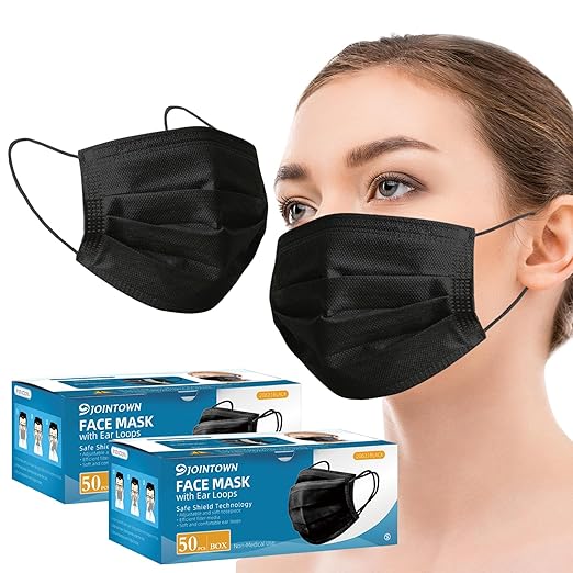 Jointown Disposable Face Mask - 3 Ply Protection Face Masks, 100 Pack Black