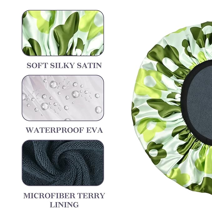 Satin Shower Cap, Three-Layer Terry Cloth Lined, with Silk Hair Ties, Microfiber Waterproof Reusable Large Size Shower Cap for Women Long Thick Hair (Green Flower)