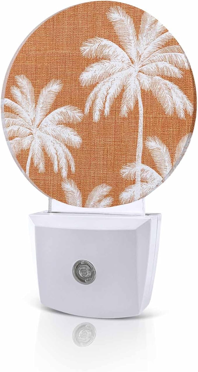 Night Lights Auto Sensor Tropical Palm Trees Night Light Orange Linen Coastal Round Lamp Plug-in LED Nightlights Dusk to Dawn for Living Room Bedroom Bathroom Hallway Wall Decor
