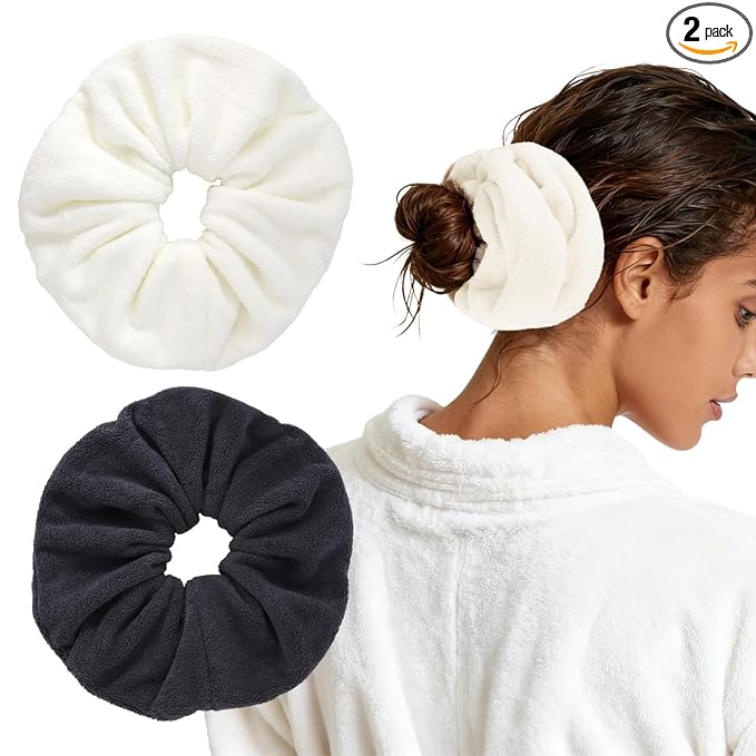 Wecoe Hair Towel Scrunchies 2pcs Soft Absorbent Large Microfiber Hair Drying Scrunchies Thick Fuzzy Scrunchy Ponytail Holder Gifts for Women(Black & White)