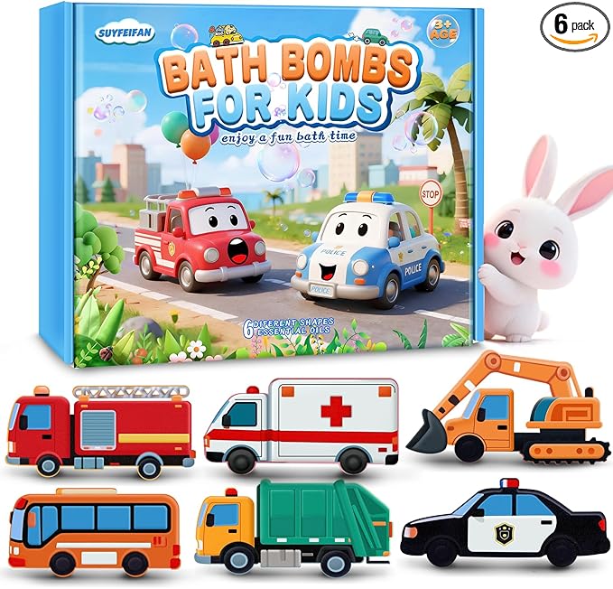 Bath Bombs for Kids, Perfect Mothers Day Gifts for Kids Girls, Handcrafted Car 6 Pack Natural Organic Bubble Bath Bomb Toys, Shaped Like Excavators, Police Car, School Buses, Fire Trucks
