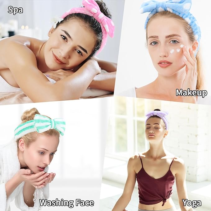 Casoty 10 Pcs Spa Headbands, Makeup Headband for Washing Face, Soft Coral Fleece Headbands for Skincare, Bow Headband for Face Washing Shower Skin Care Yoga