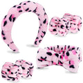 VELSCRUN 6 Pack Spa Headband, Makeup Headband, Face Wash Headbands, Skincare Headbands, Pink Leopard Sponge Hair Band Bow Tie Spa Head Band for Washing Face Wristband Set Hair Accessories for Women