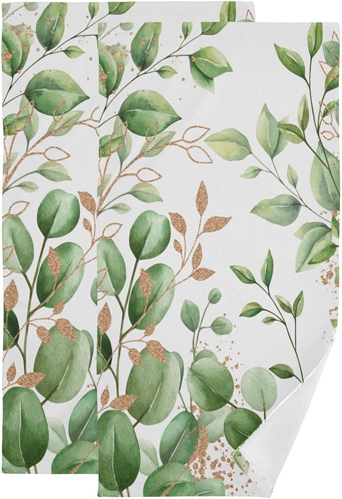 Green Gold White Leaves Hand Towels for Bathroom Set of 2,Eucalyputs Leaf Floral Branches Decorative Bathroom Towels for Bath,Face,Hair,Soft Absorbent Dish Towels for Kitchen Decor 28"x14"