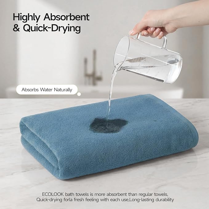 ecolook Bath Towels Set of 4,100% Cotton,27 x 55 Inches,Quick-Drying & Absorbent,Soft,Lightweight Towels for Bathroom,Shower,Spa, Gym & Hotel,Light Blue