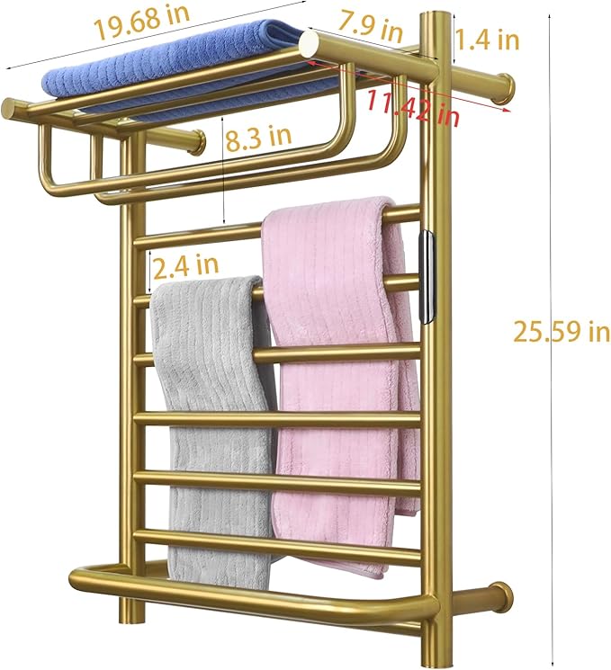 Gold Wall Mounted Heated Towel Rack, Gold Towel Warmer Rack for Bathroom, Timer & Temperature Control Electric Towel Drying Rack with Top Shelf (14 Bars with Top Shelf Brushed Gold A, Hardwired)