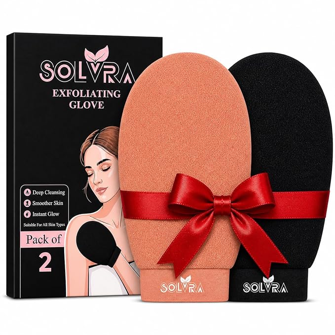 Exfoliating Gloves –100% Vegan Viscose Kessa Mitt for Dead Skin Removal, Self-Tan Fade, and Keratosis Pilaris – Dual-Texture Glove for Spa & Massage (2 Pack,Black/Orange)