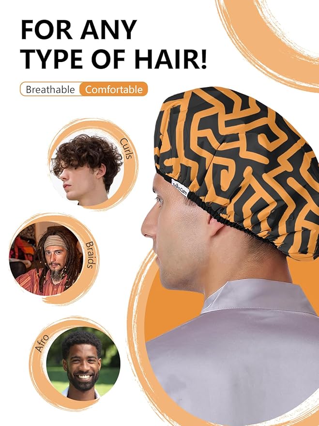 Years calm Men Shower Cap Reusable Waterproof, Dual-Layer Design, Double-Sided Use, Protects Hair in Shower, Spa, Travel & Cooking, Adjustable Elastic for Comfortable Fit (Orange Striped, One Size)