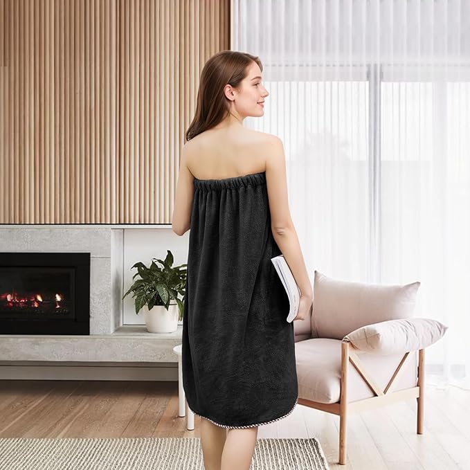 GOSCHE Towel Wrap for Women, Adjustable Shower Wrap Towel with Home Hotel Bath Towel Nightgown for Sauna Beach Pool Gym Travel - Black XL