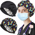 2 Pack Satin Lined Bouffant Scrub Caps with Buttons, Adjustable Scrub Caps for Women Men