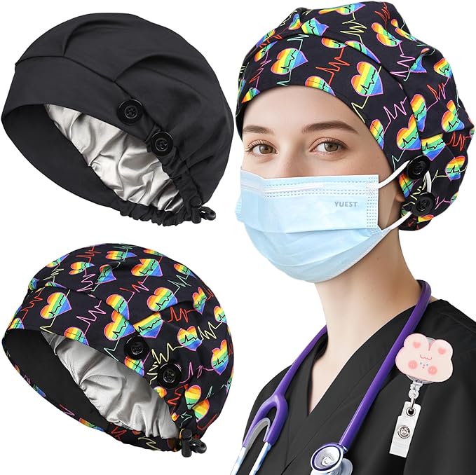 2 Pack Satin Lined Bouffant Scrub Caps with Buttons, Adjustable Scrub Caps for Women Men