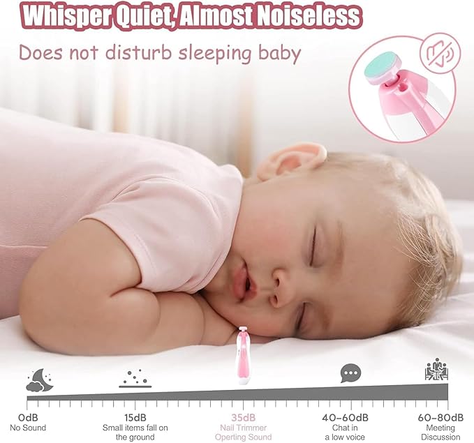 Qunlions life Baby Nail Trimmer File with Light - Safe Electric Nail Clippers Kit for Newborn Infant Toddler Kids Toes and Fingernails - Care, Polish and Trim - Battery Operated (AA), Pink
