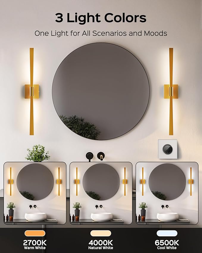 JACKYLED Modern Bathroom Light Fixtures Over Mirror 3 Color Temperatures 2-Head Bathroom Light Bars 360°Swivel 24W LED 1200LM 24-Inch Vanity Lights Hard-Wired, 2700K/4000K/6500K, Brushed Gold