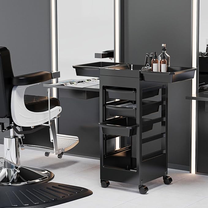 OmySalon Salon Cart for Hair Stylist Black with 5 Drawers & Hair Dryer Holder, Hair Cart Organizer Storage Cabinet for Hairdressing Beauty Spa Tools, Rolling Barber Cart