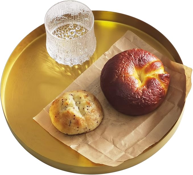 FREELOVE Metal Round Decorative Tray, Perfume Jewelry Candle Organizer for Desk Vanity Countertop Bathroom Dresser Storage, Serving Platter for Kitchen Dinning Coffee Table, Brass Gold, 12 inch