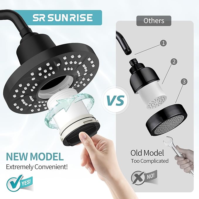 SR SUN RISE Filtered Shower Head with Filters, 20-Stage Shower Head Filter for Hard Water, High Pressure Showerhead with Easy-Replace Cartridge to Remove Chlorine & Heavy Metals (7-Inch, Black)