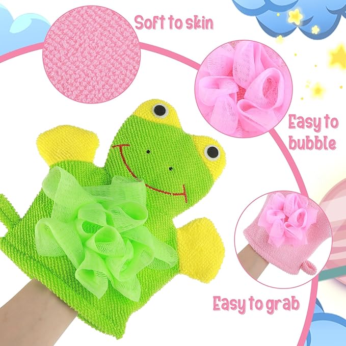 Dimeho Kids Bath Gloves, 4/2pcs Shower Gloves Loofah for Kids Exfoliating BathGlove Body Scrub Glove Exfoliating Scrubber BallEasy to Lather Lovely Animal Colorful Design (3)
