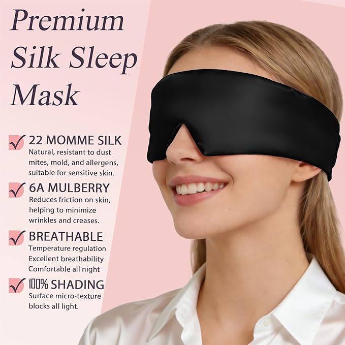 Silk Sleep Eye Mask for Side Sleeper Men Women, Eye Mask Sleeping 100% 22 Momme Pure Mulberry Silk for Night Sleep,Travel, Face-Hugging Padded Eye Cover for Sleeping with Adjustable Band-Black