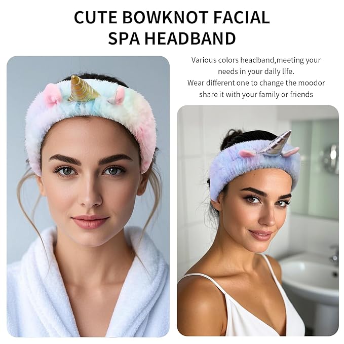 Kawaii Spa Headbands for Women Girls - 2 Pack Cute Soft Fleece Facial Headbands for Makeup, Skincare and Face Washing, Silver+Gold Horn