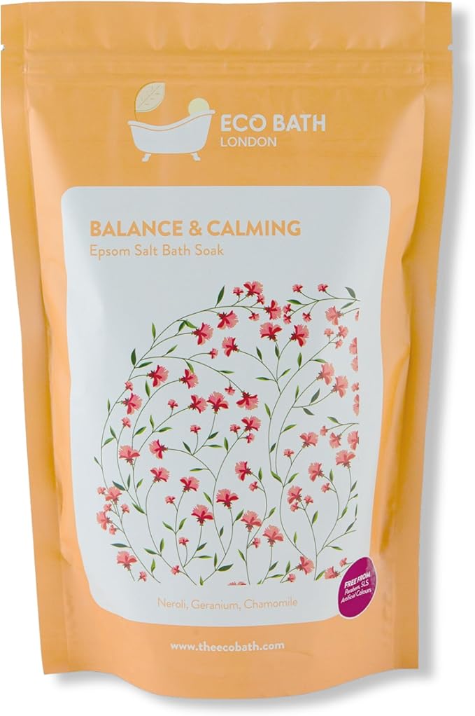 Eco Bath London Balance and Calming Epsom Salt Bath Soak – Pouch 2.2 LB (1kg) | Made in UK | Magnesium Bath Salt with Neroli, Geranium and Chamomile