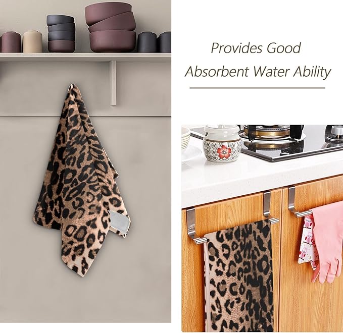 Brown Black Leopard Print Hand Towels for Bathroom Set of 2,Western Wild Animal Cheetah Skin Decorative Bathroom Towels for Bath,Face,Hair,Soft Absorbent Dish Towels for Kitchen Decor 28"x14"