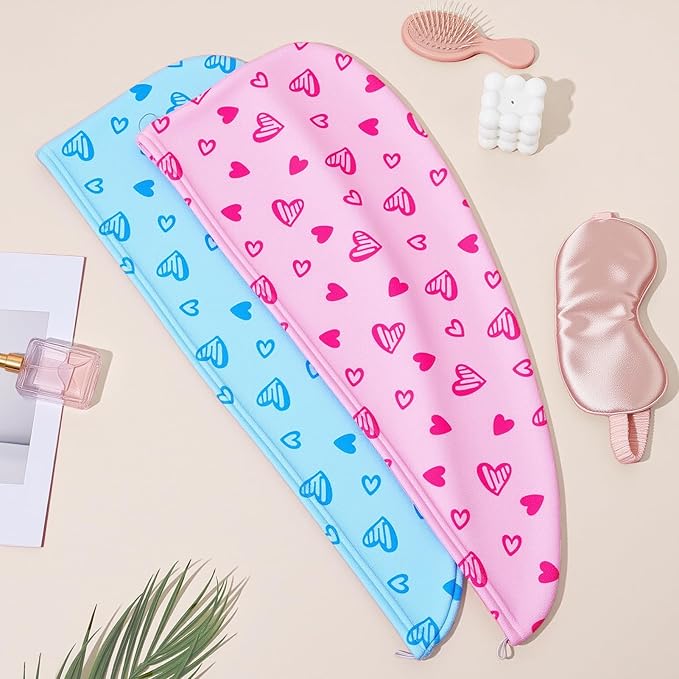 Unicorn Castle Microfiber Hair Towel for Kids 2Pack Hair Wrap Towels Absorbent Hair Drying Towel Wrap Hair Turbans for Curly Thick Hair,Pink Blue Heart