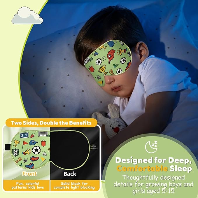 Kids Silk Sleep Mask – 100% Mulberry Silk Eye Cover, Kid Eye Mask with Adjustable Strap, Soft & Breathable Blackout Sleeping Mask for Boys and Girls Ages 5-15 (Soccer Ball Print)