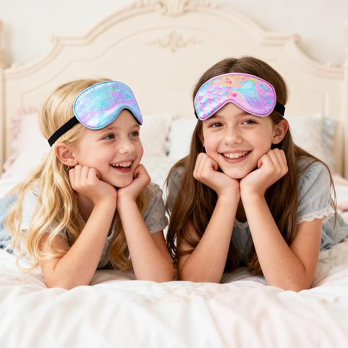 OlyPegic 2 Pcs Kids Sleep Mask Girls Silk Eye Mask Sleeping with Adjustable Strap Soft Lightweight Kids Eye Cover Mask Blindfold Shade Light Blocking Travel and Home Use Girls Teens Rainbow Unicorn