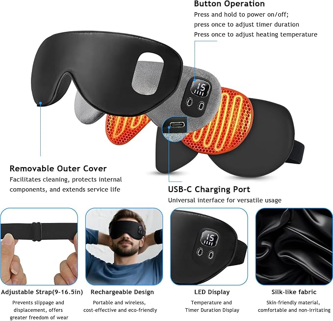 Cordless Heated Eye Mask, Rechargeable Sleep Mask with 4 Heat Levels, Timer, Light Blocking Design, Washable Cover, Soft Eye Mask for Daily Relaxation