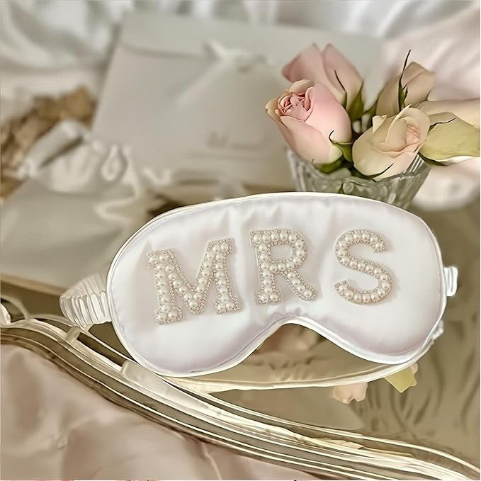 Bride Eye Mask, White Soft Fabric Diamond Bride Sleep Mask for Massages Eye, Pearl Bridal Shower Gifts to Adjust Night Sleep, Sleeping Maskes for Wedding (MRS)