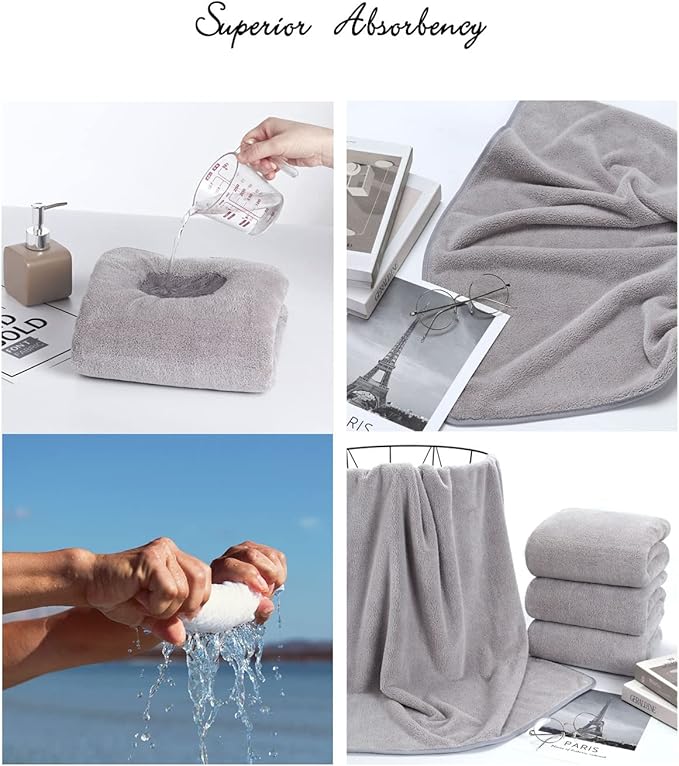 Lumimi Towels 3 Piece Very Soft Microfiber Bath Towel Set Super Absorbent Light Quick Dry and Durable, 55" L x 27" W, 3 Pack Light Grey