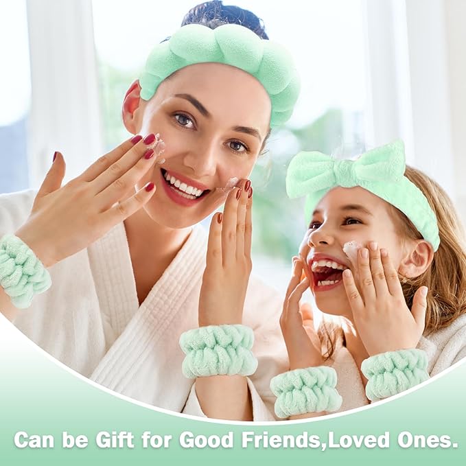 Zkptops 6Pcs Spa Headband for Washing Face Wristbands Set Women Bubble Makeup Sponge Terry Cloth Padded Puffy Headband Bow Tie Skincare Hairband Cute Non Slip Thick Hair Accessory Gifts (Light Green)