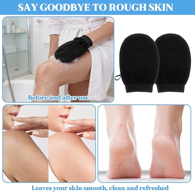 24 Pcs Black Exfoliating Gloves Bulk, Deep Exfoliating Glove for Body Scrub, 150D Viscose Fiber for Dead Skin Remover, Smooth Skin for Men and Women, 8.1 x 5.5 Inches