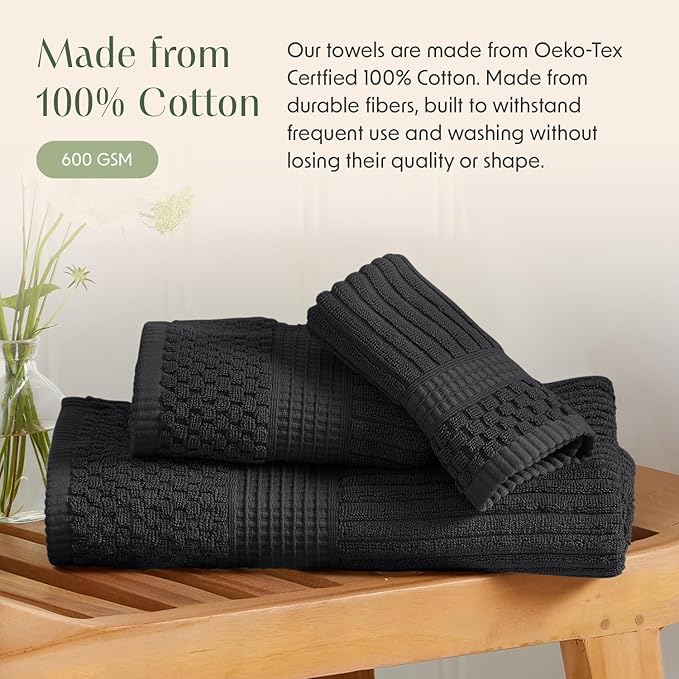 Springtree Home 100% Cotton Bath Towel Set of 4 | Super Soft & Absorbent with Quick-Dry Fibers | 4 Bath Towels | Textured and Durable Cotton | Krista Collection - Black Ink