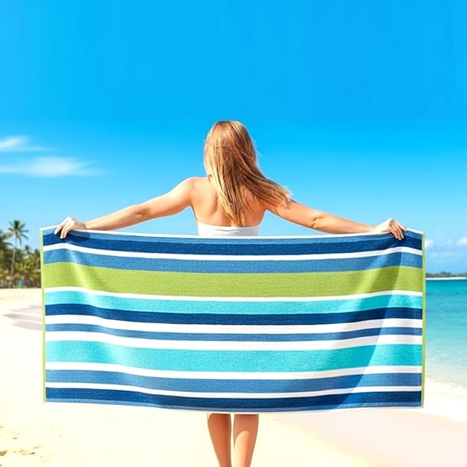 CASA COPENHAGEN Monaco Beach Towels Designed in Denmark Rough and Tough, Quick Dry, for Pool, Bath & Shower 30x60 inches 4 Pieces Cotton Beach Bath Towels Set - Rainbow Green