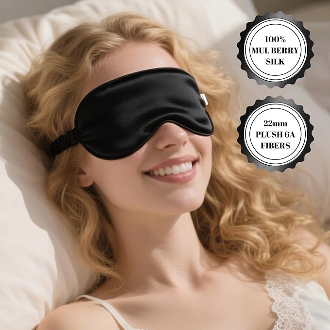 100% Pure Mulberry Silk Eye Mask - 22 Momme Adjustable Strap, Light Blocking, Silk Storage Bag & Gift Box - for Sleep/Travel/Gift, Sensitive Skin Friendly (Black)