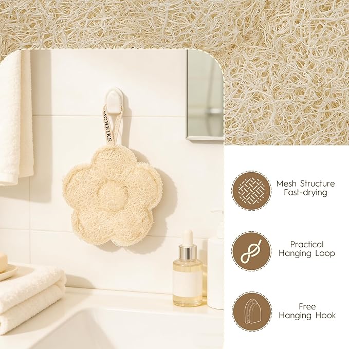 Natural Loofah Exfoliating Body Scrubber Made with Natural Egyptian Shower Loofah Sponge Travel Loofah Sponge for Women & Men with an Adhesive Hook (3 Packs)